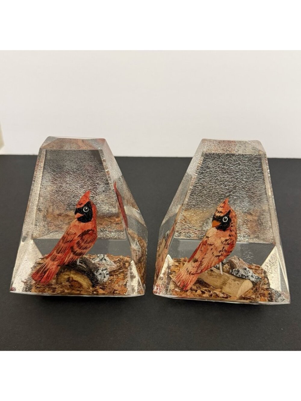 Vintage Lucite Cardinal Bird Paperweights Hand Carved Wood Canada Pair 5”